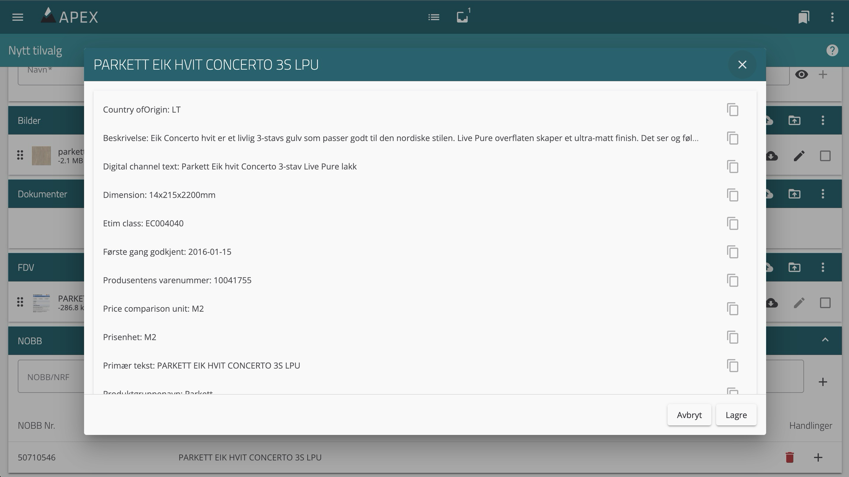 Produktinformasjon fra NOBB i APEX